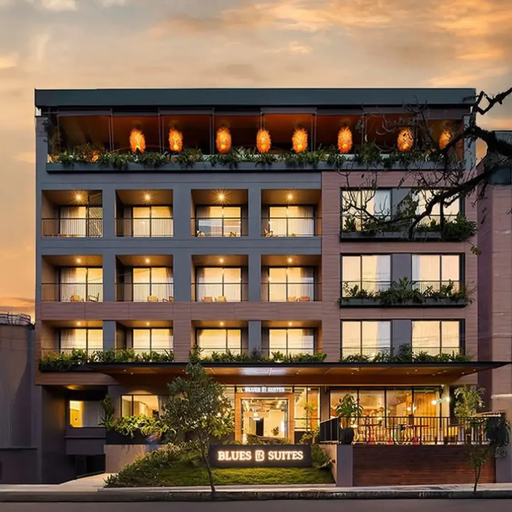 Facade of the Blues Suites hotel in Medellín