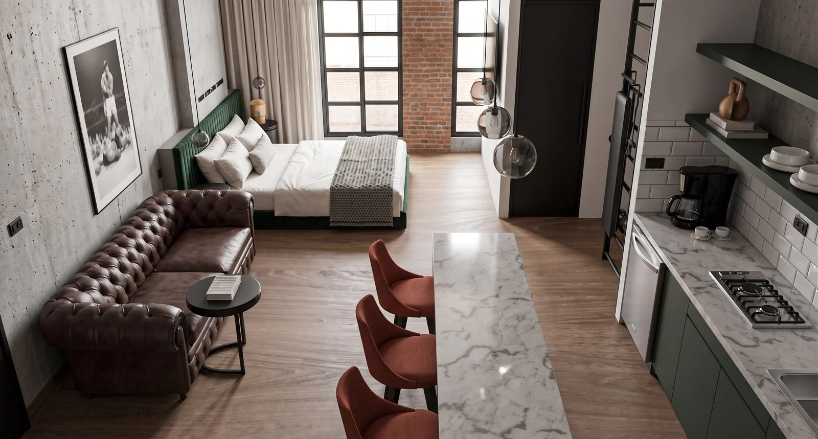 Hotel interior design render: Suite with kitchen