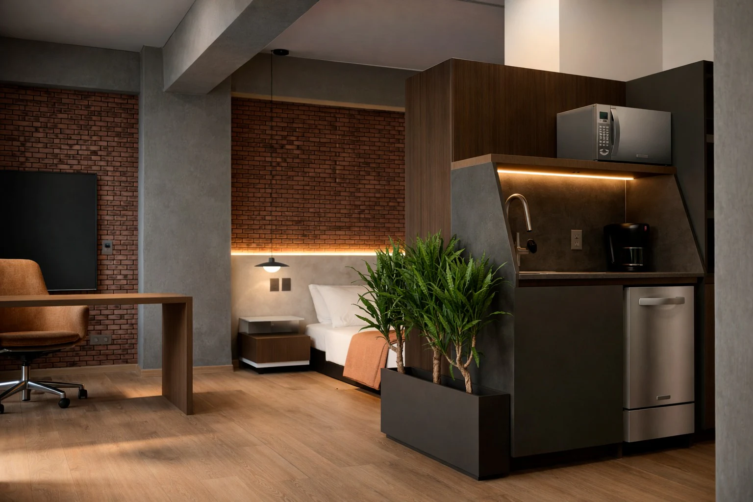 Hotel interior design render: Room with kitchenette