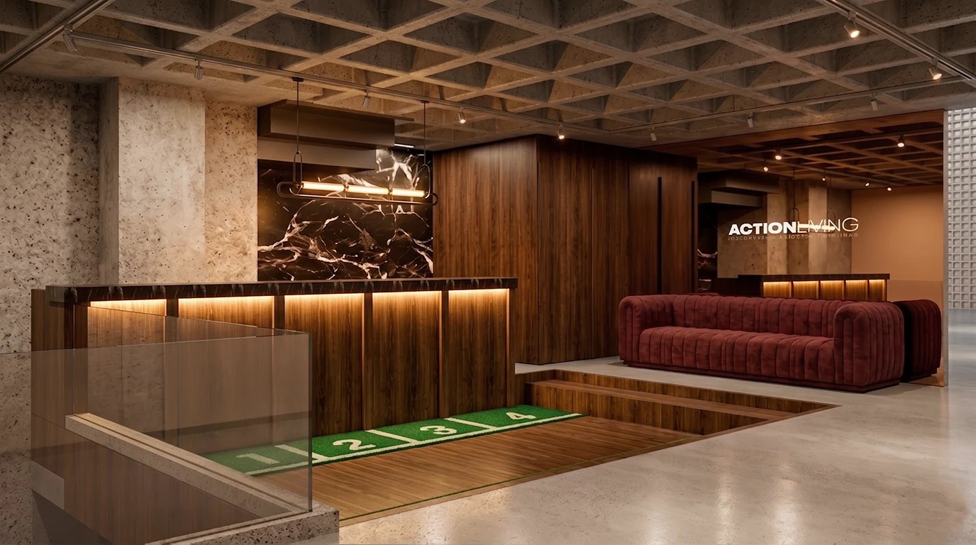 Render of a hotel lobby with the interior design finished